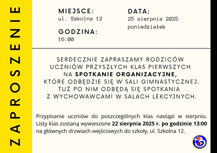 Zaproszenie na spotkanie rodziców klas I